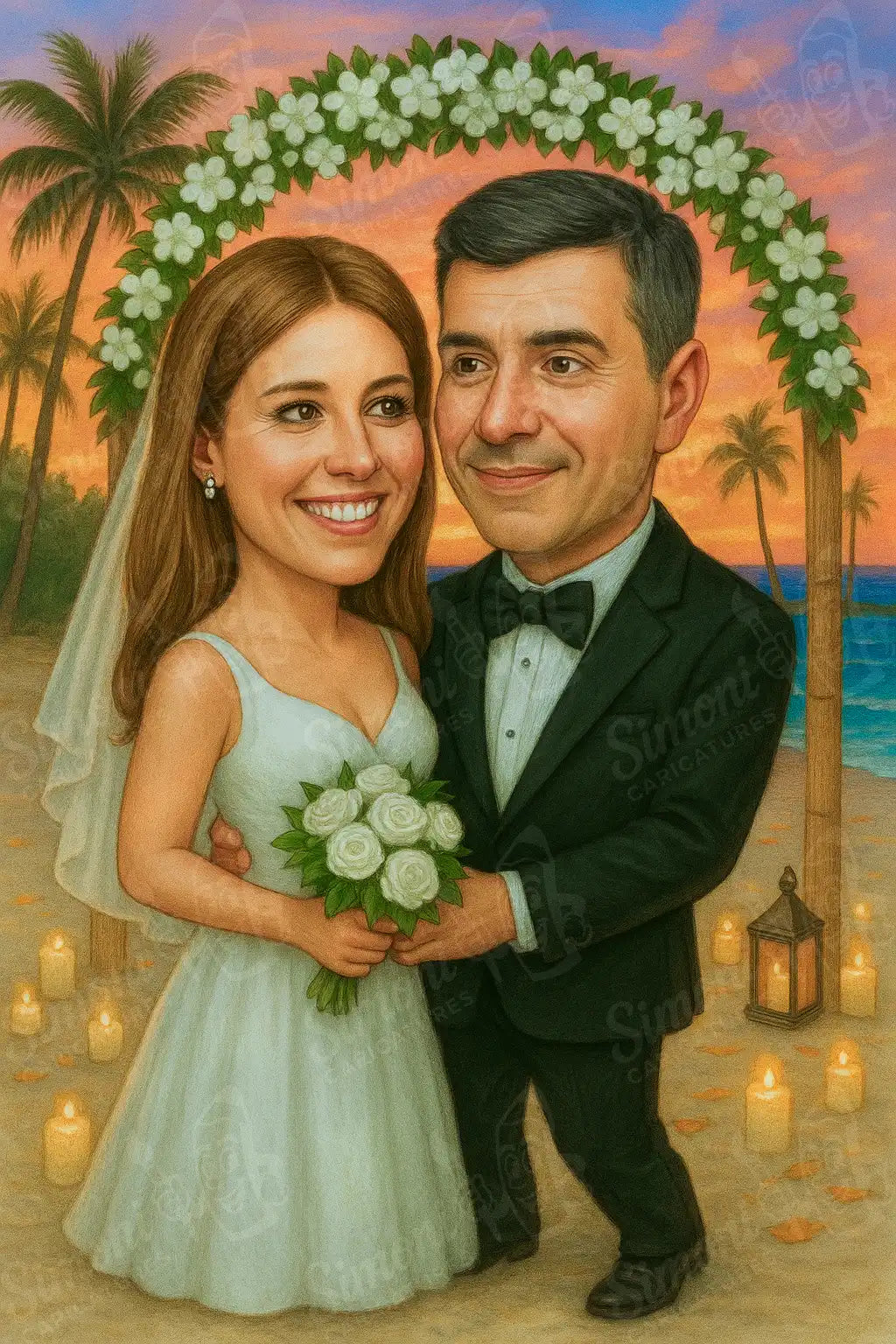 ChatGPT said: Карикатура на младоженци на плажна сватба с цветна арка, тематичен портрет, персонализиран подарък, Simoni Caricatures.